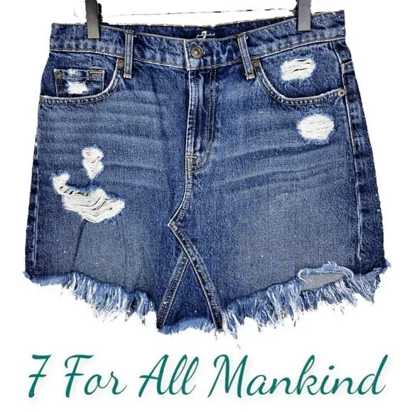 7 FOR ALL‎ MANKIND Raw Fringe Hem Denim Mini Skirt, Size 27 - Picture 2 of 10